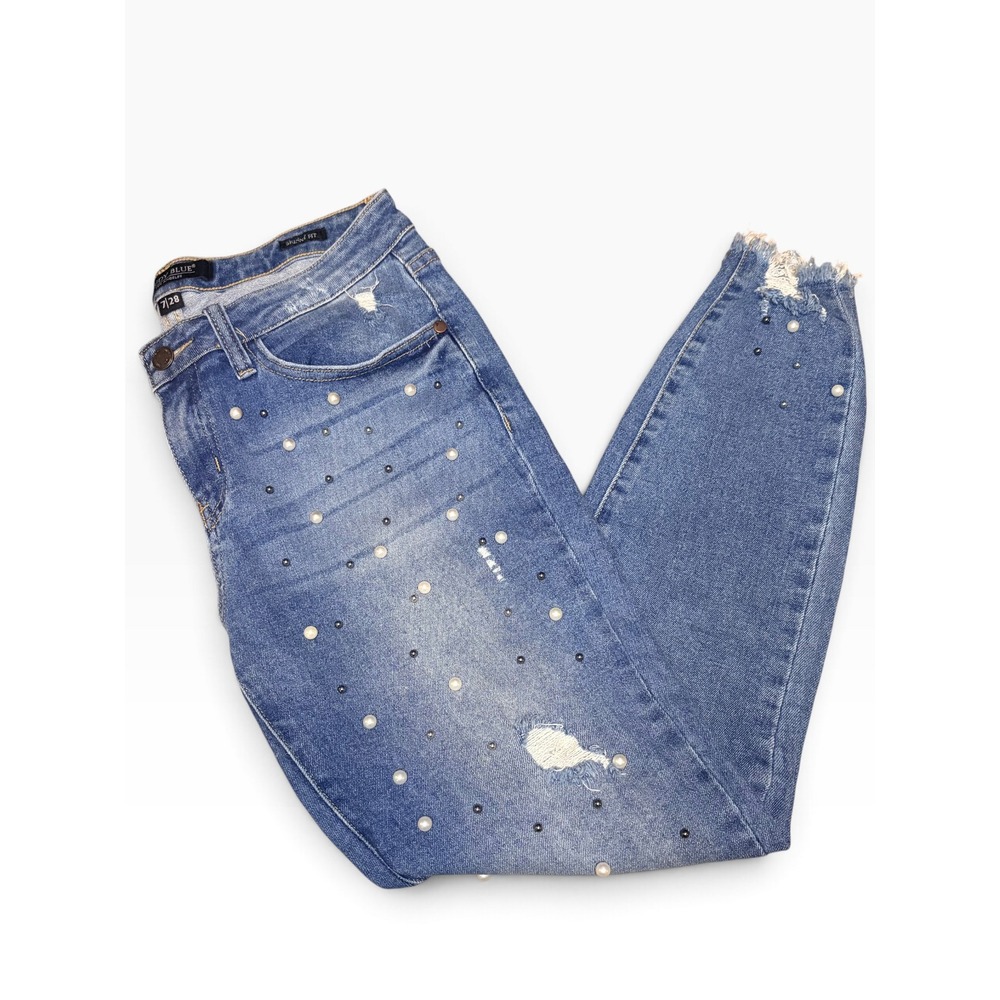 Judy Blue Skinny Distressed Pearl Studded Jeans Medium Wash Size 7/28 Distressed